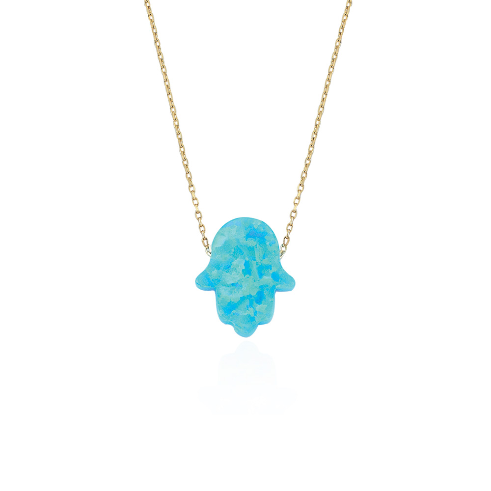 Glorria 14k Solid Gold Opal Pave Hamsa Hands Necklace