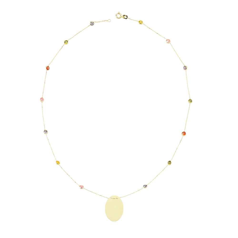 Glorria 14k Solid Gold Colored Pave Plate Necklace