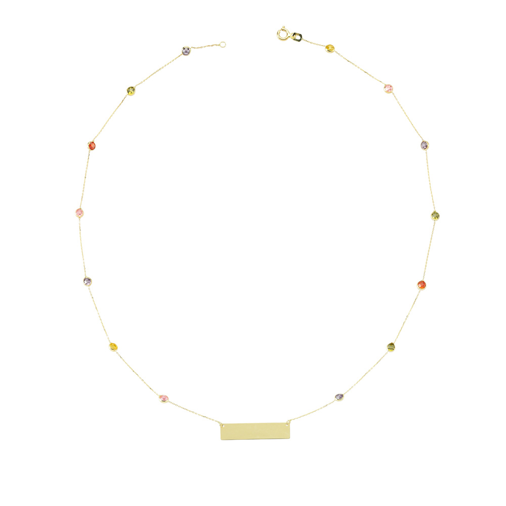 Glorria 14k Solid Gold Colored Pave Plate Necklace