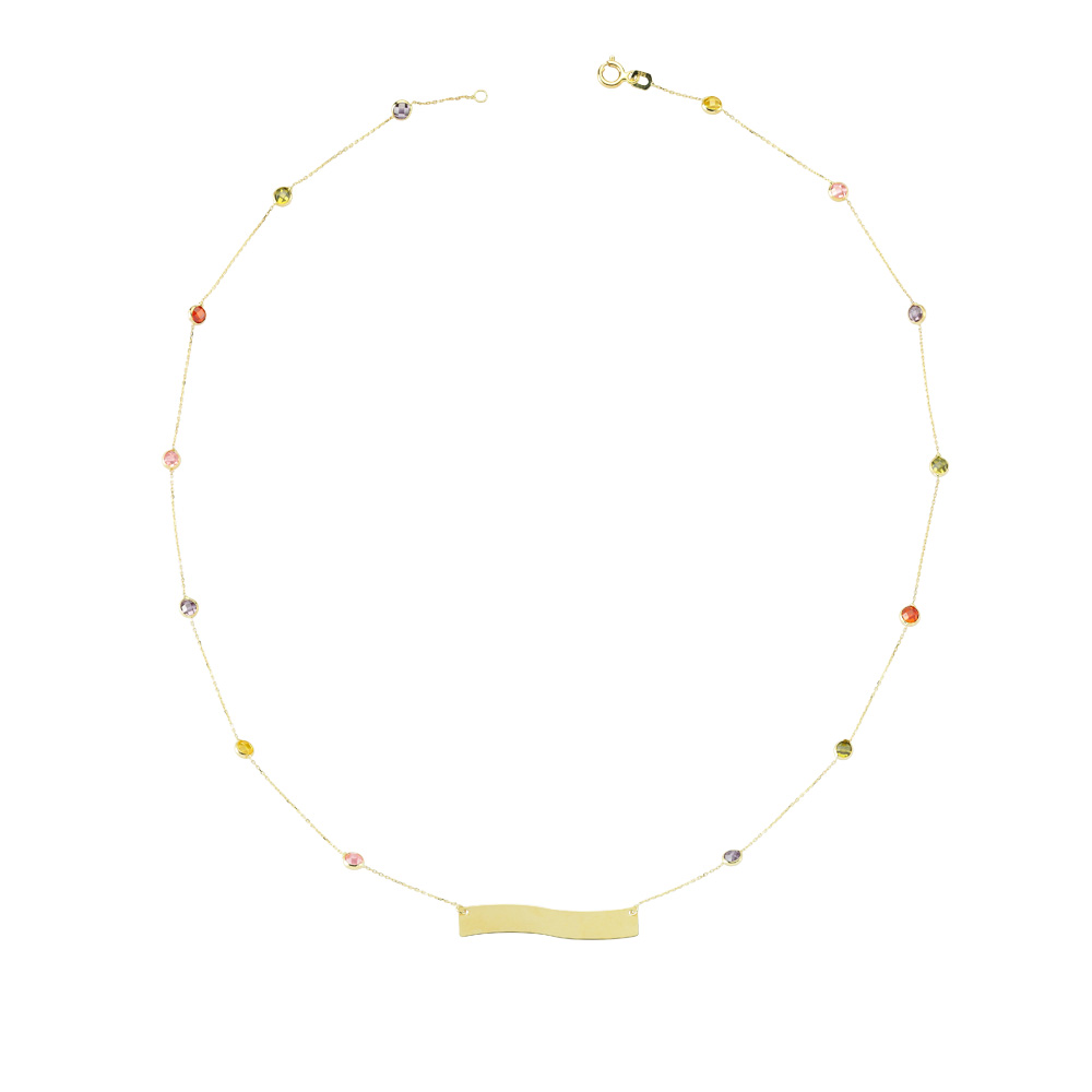 Glorria 14k Solid Gold Colored Pave Plate Necklace