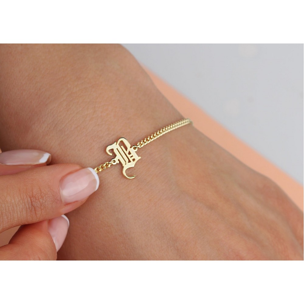 Glorria 925k Sterling Silver Personalized Gothic Letter Bracelet with Curb Chain