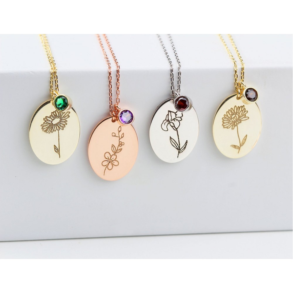 Glorria 925k Sterling Silver Personalized Birth Flower and Birthstone Necklace