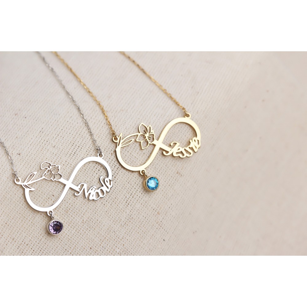 Glorria 925k Sterling Silver Personalized Name Infinity Birth Flower Birthstone Necklace