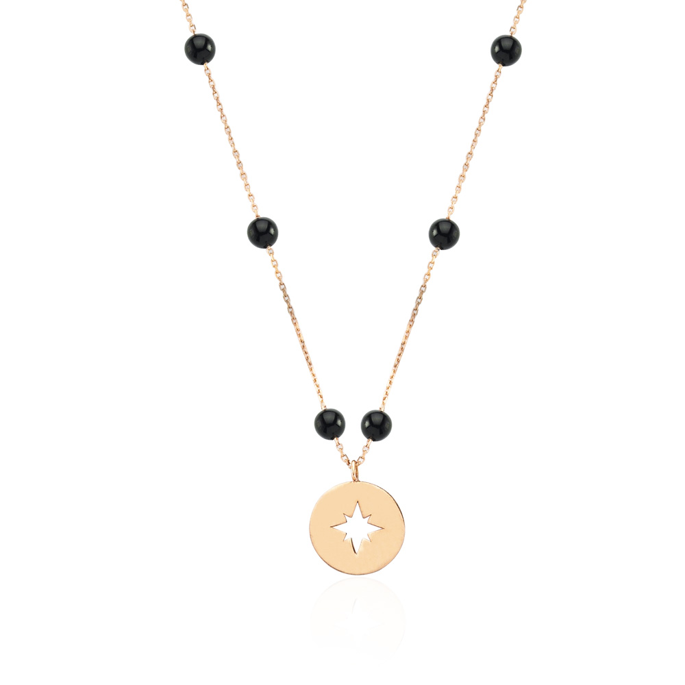 Glorria 14k Solid Gold Onyx Pave Polar Star Necklace