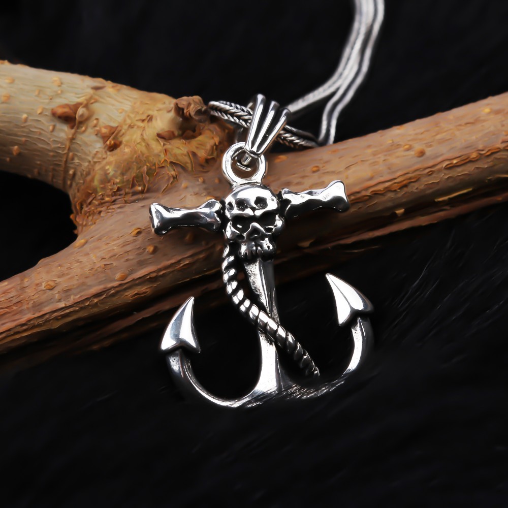 Glorria 925k Sterling Silver Men Skull Anchor Necklace