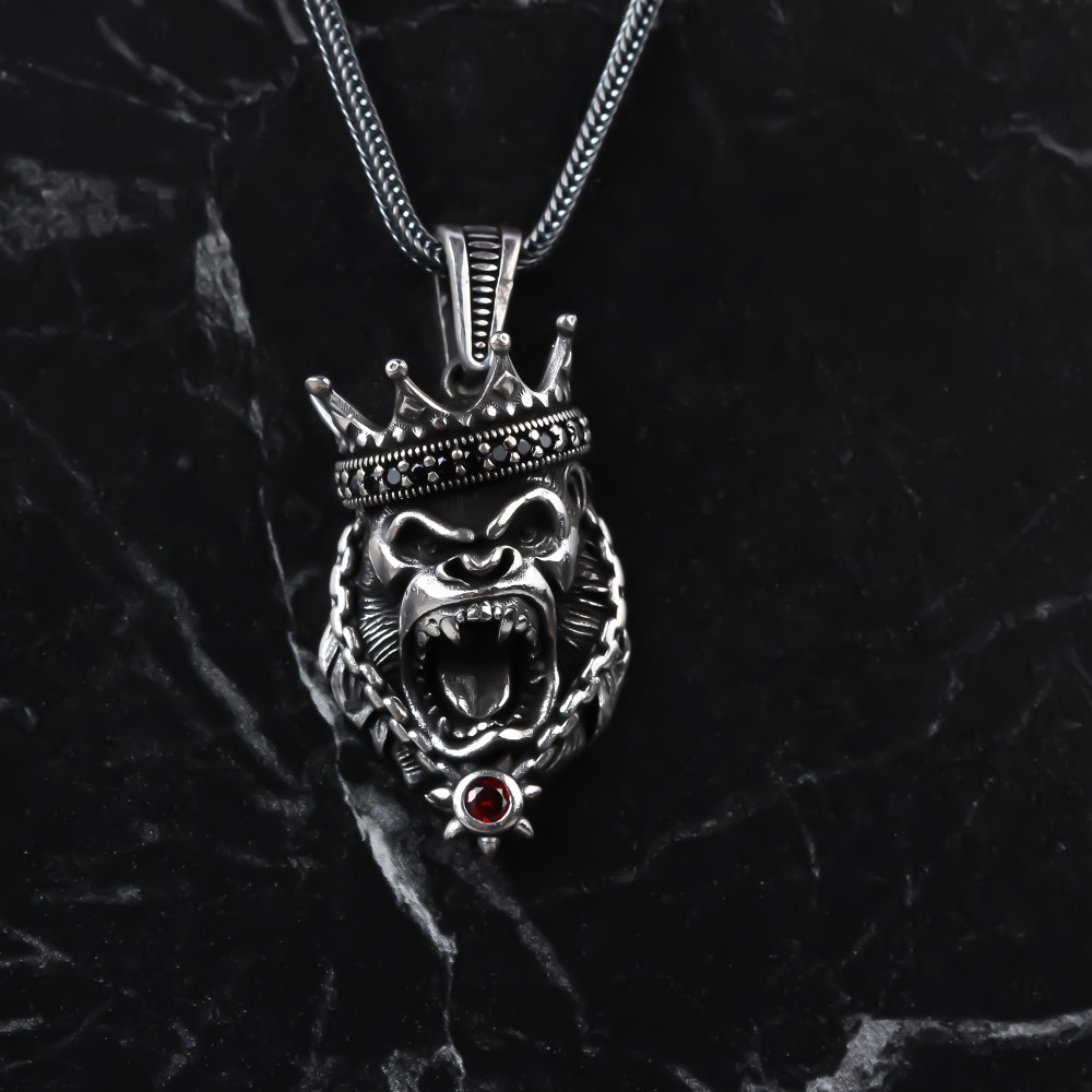 Glorria 925k Sterling Silver Men King Crowned Gorilla Necklace