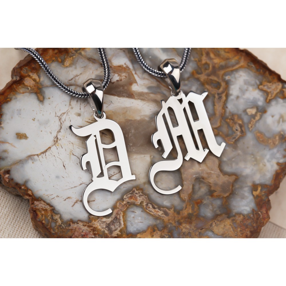 Glorria 925k Sterling Silver Men Personalized Gothic Letter Sterling Silver Necklace