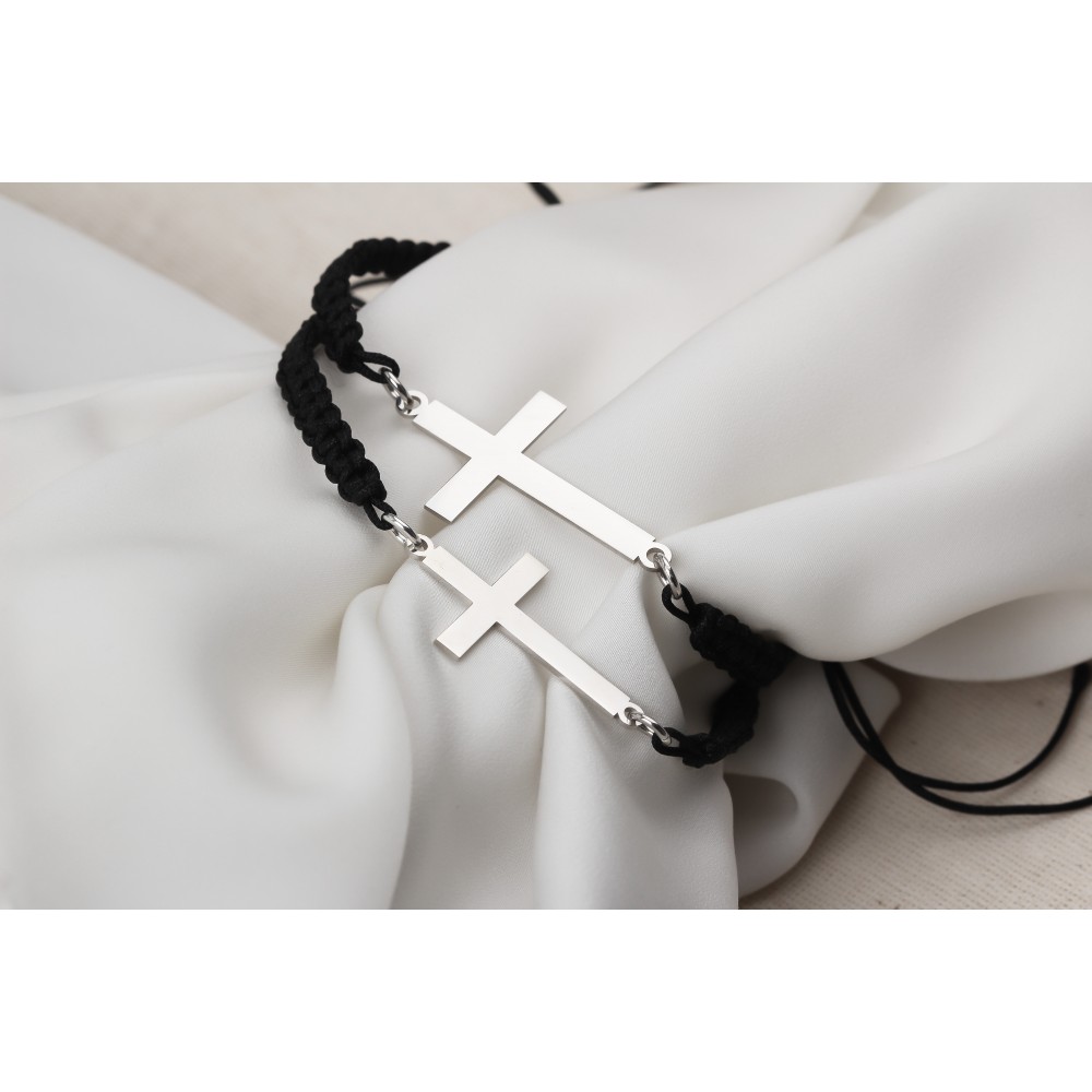 Glorria 925k Sterling Silver Men Black Corded Cross Sterling Silver Bracelet