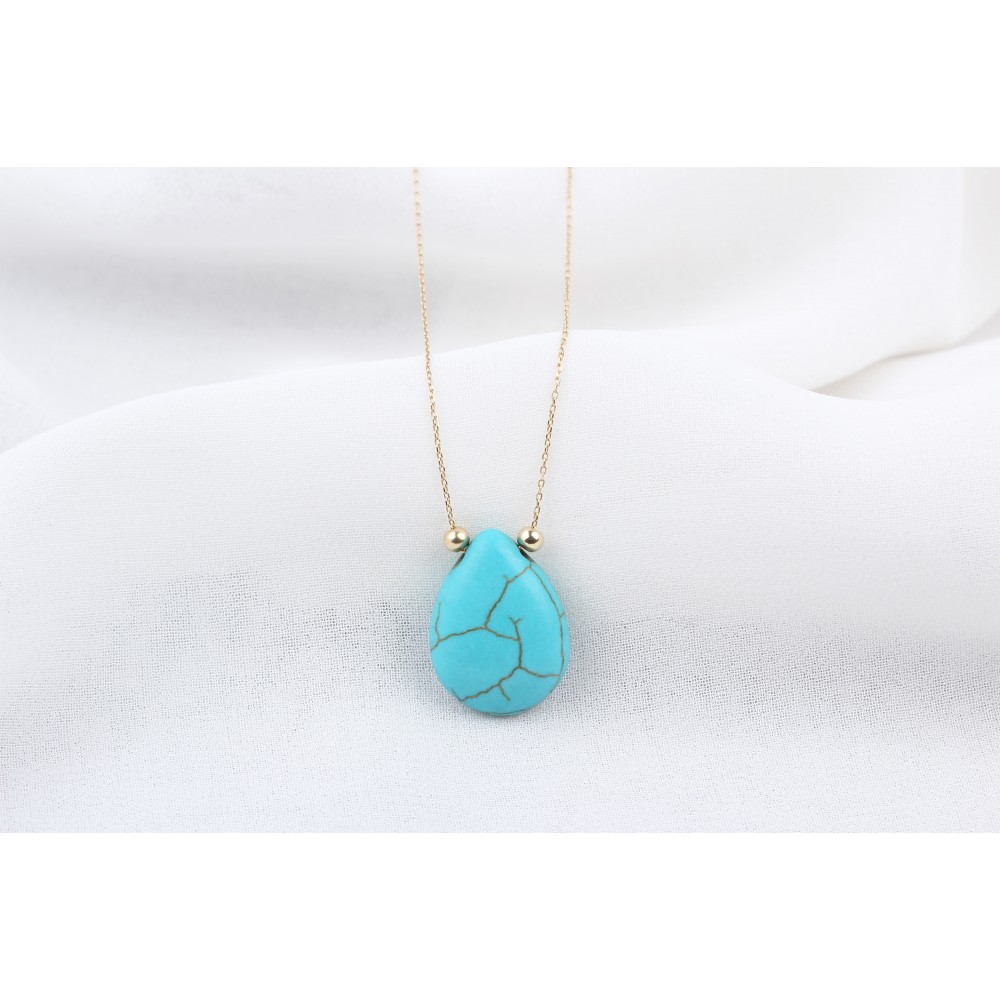 Glorria 14k Solid Gold Ball Turquoise Drop Necklace