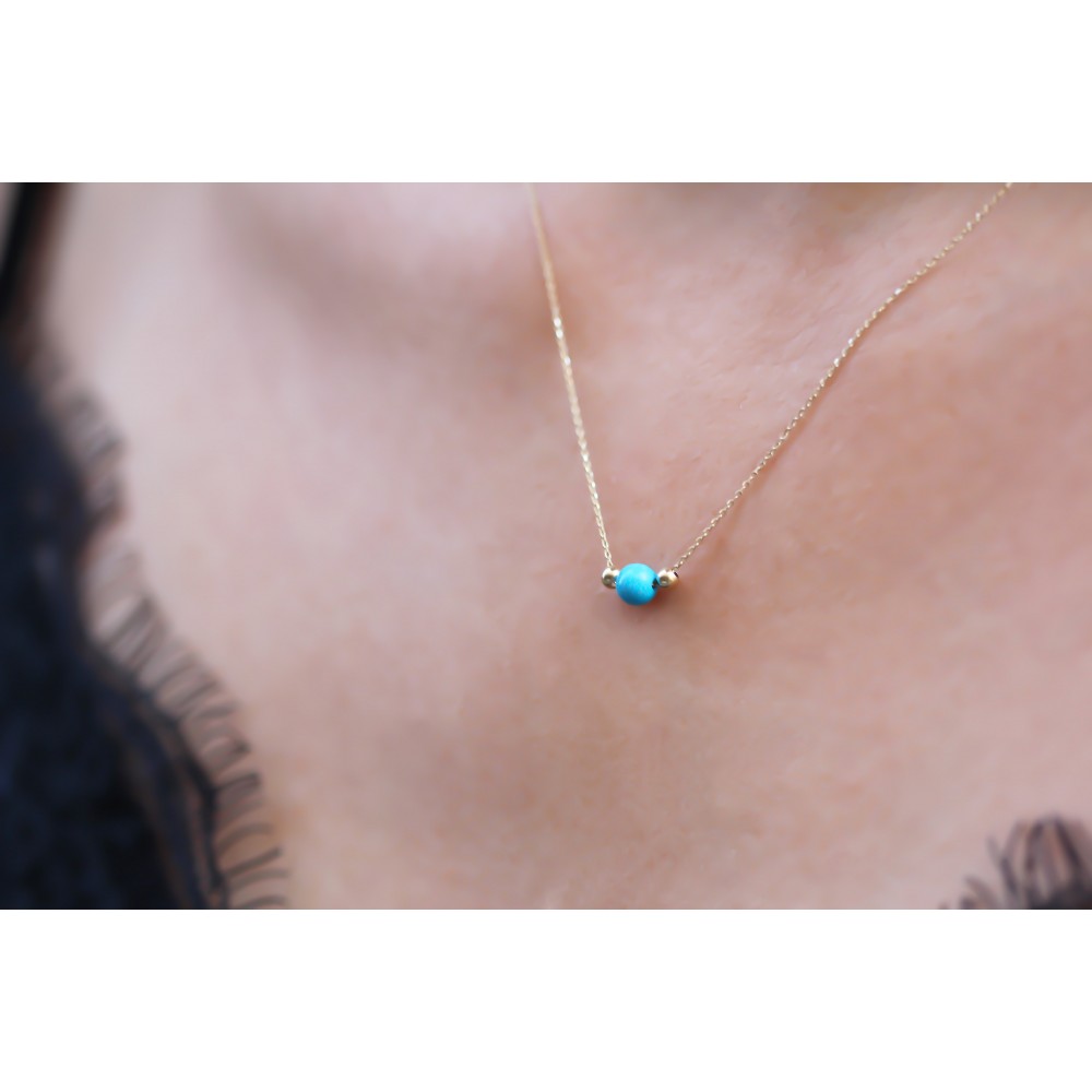 Glorria 14k Solid Gold Ball Turquoise Necklace