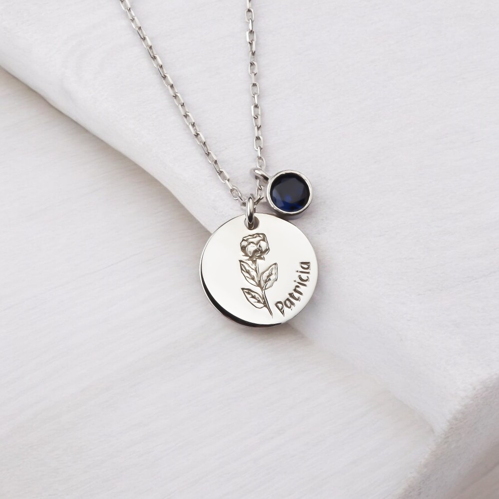 Glorria 925k Sterling Silver Personalized Birth Flower, Birth Stone Necklace