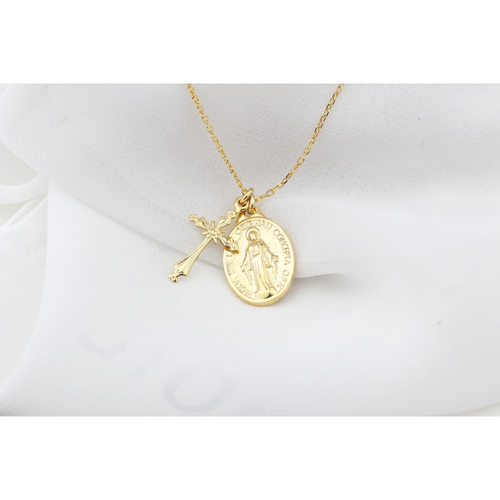 Glorria 925k Sterling Silver Cross and Virgin Mary Necklace