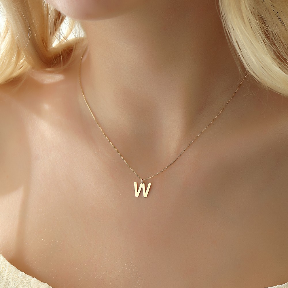 Glorria 14k Solid Gold Letter W Necklace