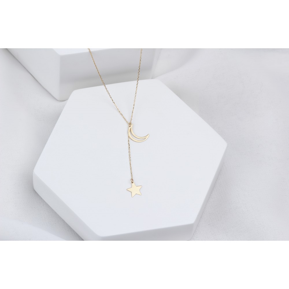 Glorria 14k Solid Gold Moon Star Necklace