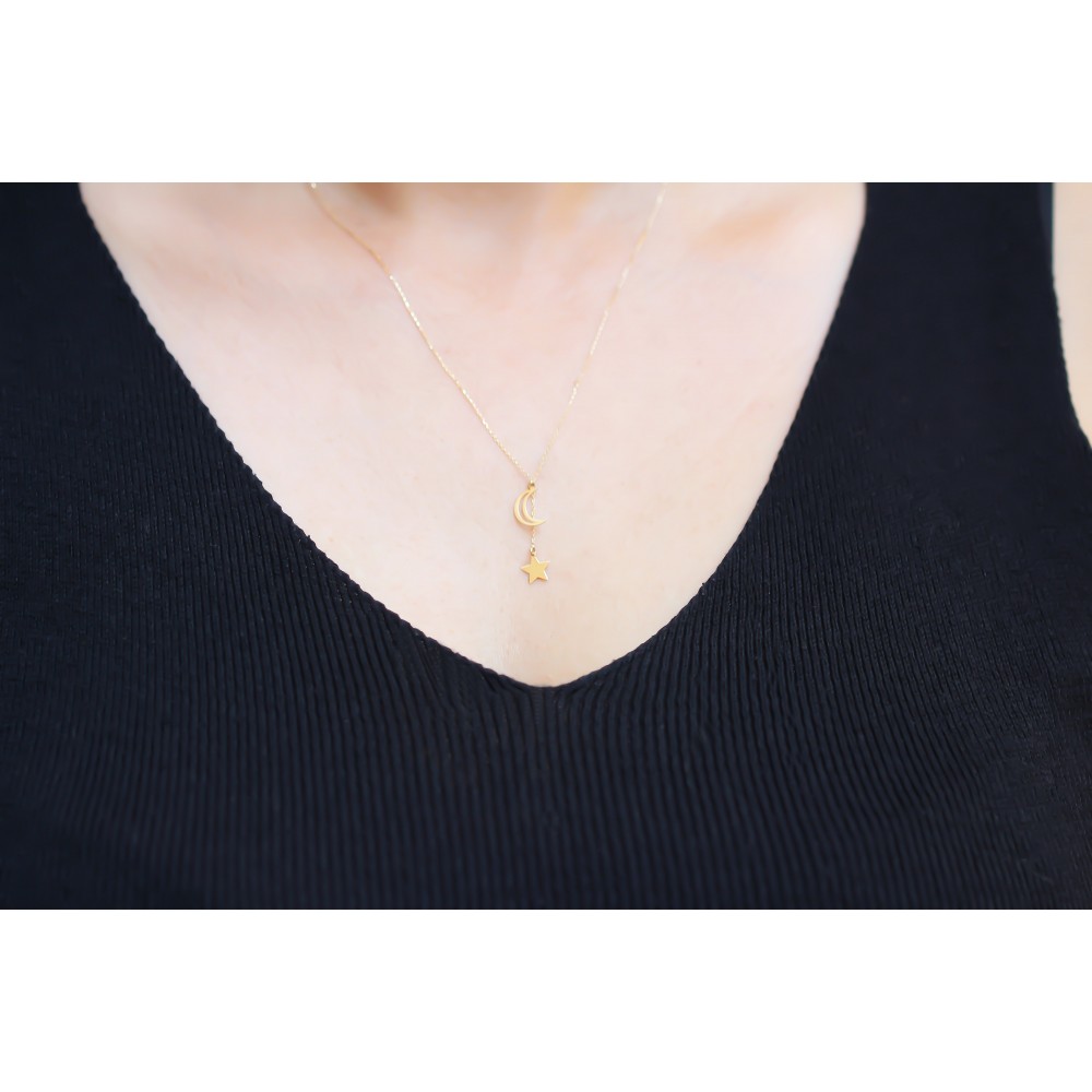 Glorria 14k Solid Gold Moon Star Necklace