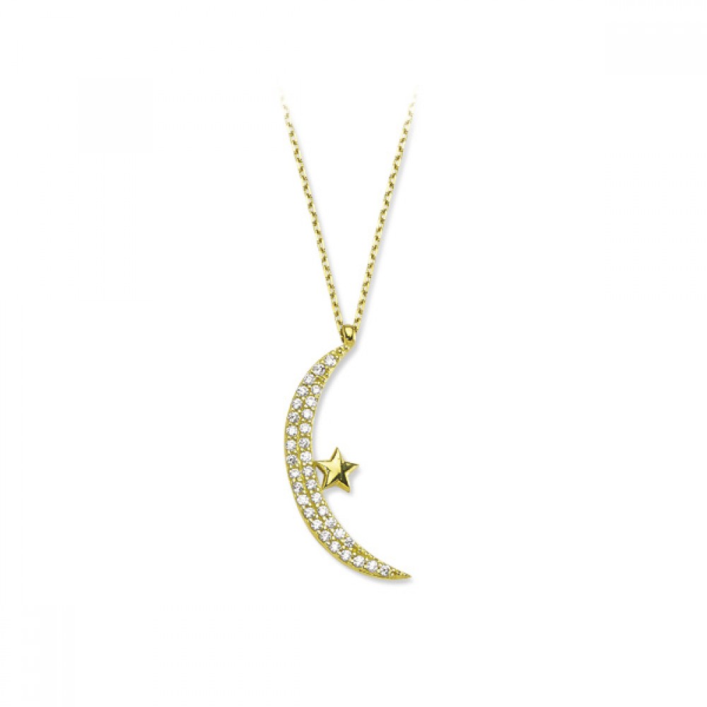 Glorria 14k Solid Gold Crescent And Star Necklace