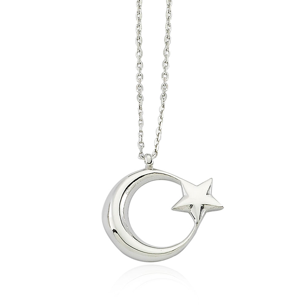 Glorria 925k Sterling Silver Crescent And Star Necklace